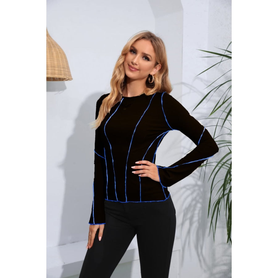 Ribbed Round Neck Long Sleeve Blouse Black / S