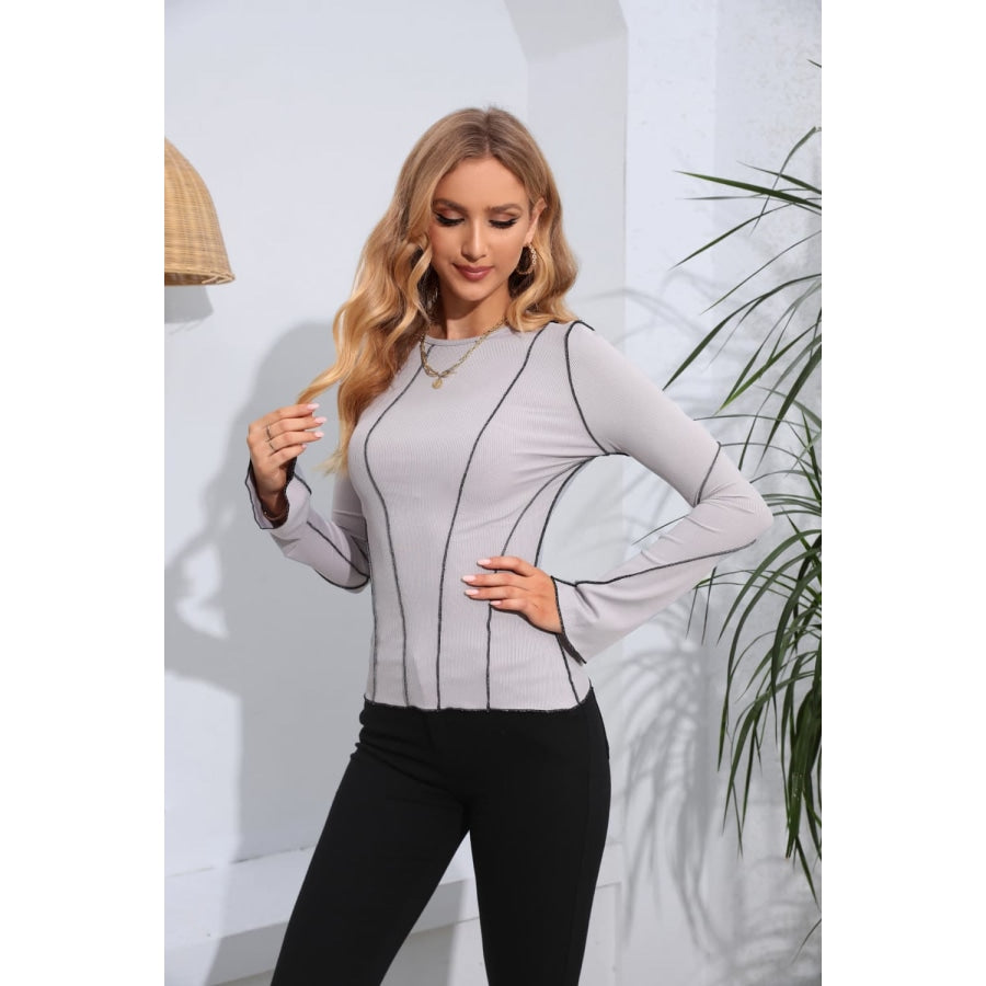 Ribbed Round Neck Long Sleeve Blouse