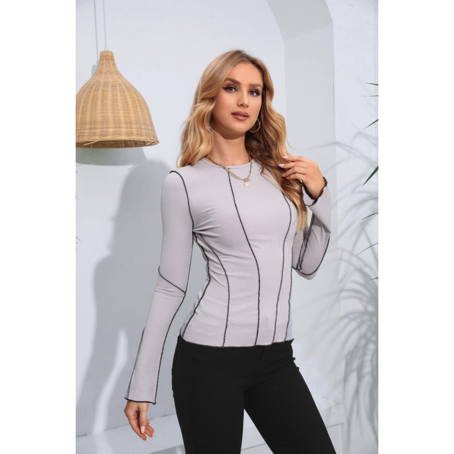 Ribbed Round Neck Long Sleeve Blouse