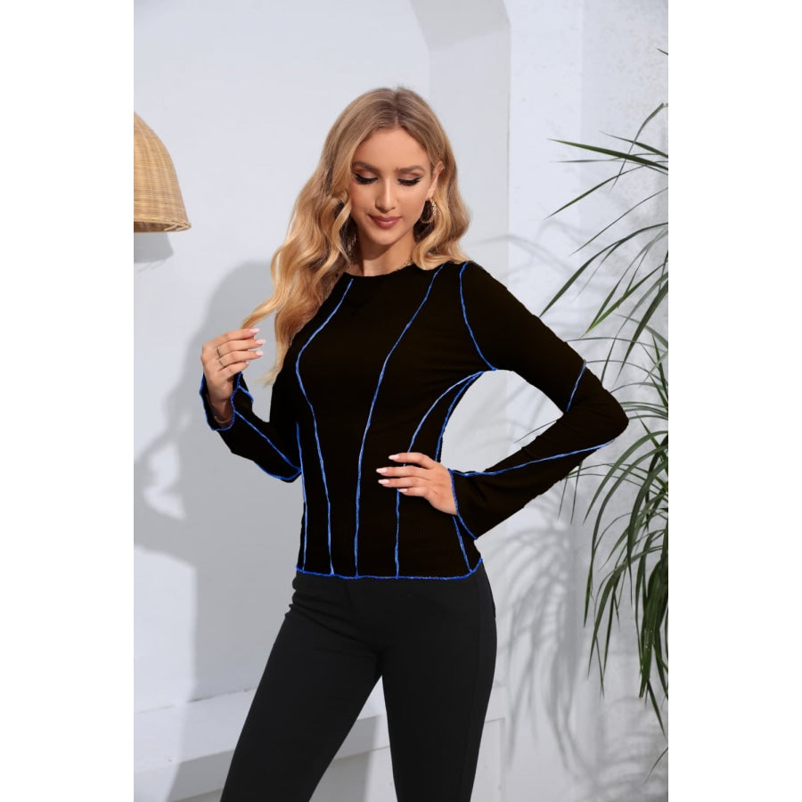 Ribbed Round Neck Long Sleeve Blouse