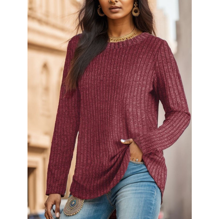 Ribbed Round Neck Long Sleeve Blouse Wine / S Apparel and Accessories