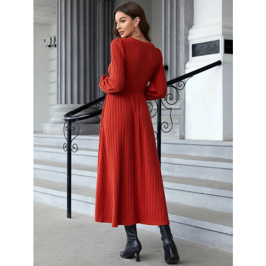 Ribbed Round Neck Long Sleeve Dress Apparel and Accessories