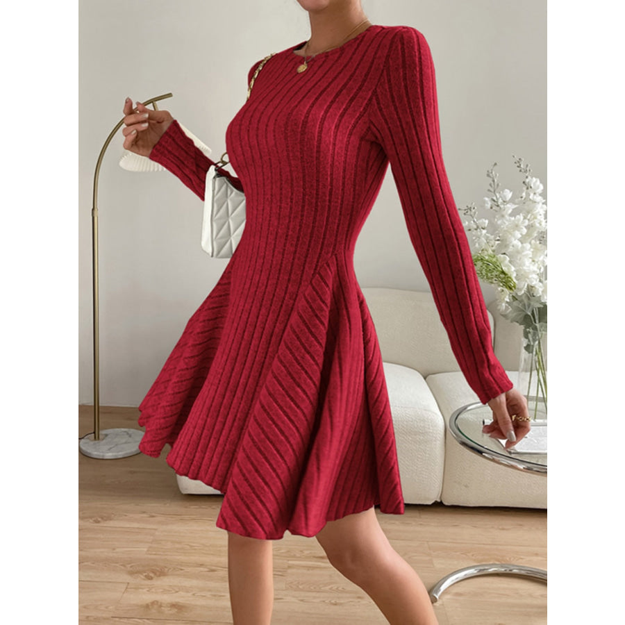 Ribbed Round Neck Long Sleeve Dress Apparel and Accessories