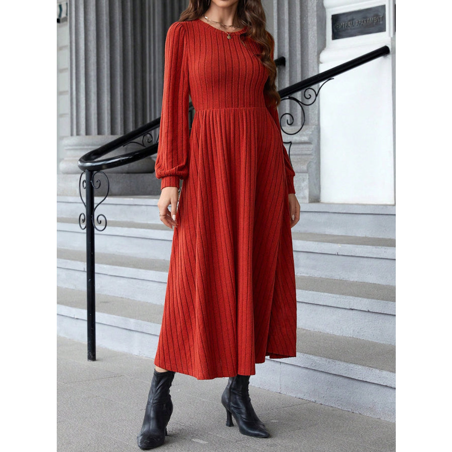 Ribbed Round Neck Long Sleeve Dress Apparel and Accessories