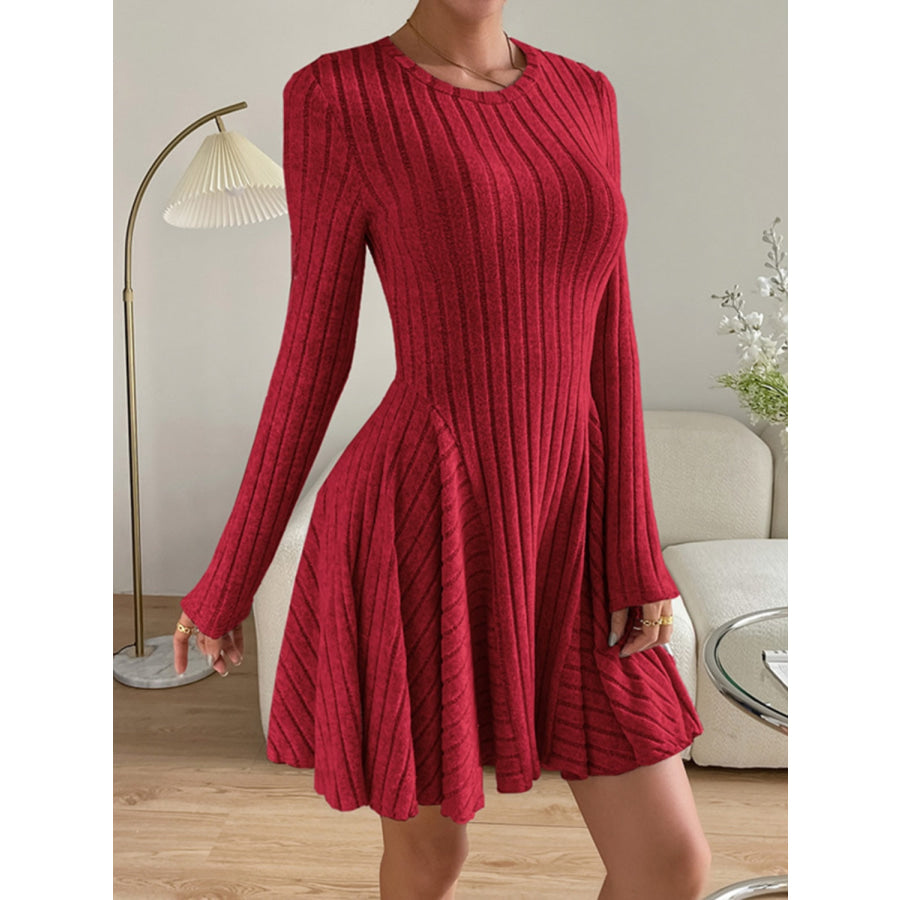 Ribbed Round Neck Long Sleeve Dress Apparel and Accessories