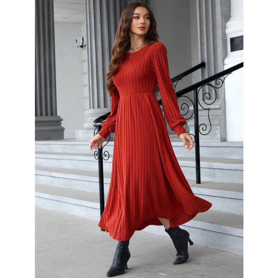 Ribbed Round Neck Long Sleeve Dress Apparel and Accessories