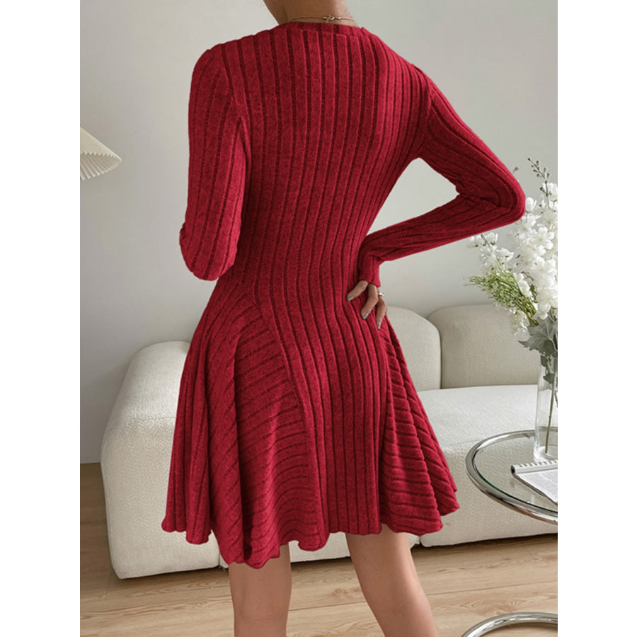 Ribbed Round Neck Long Sleeve Dress Apparel and Accessories