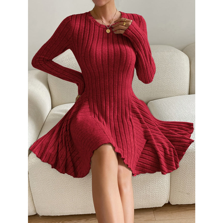 Ribbed Round Neck Long Sleeve Dress Apparel and Accessories