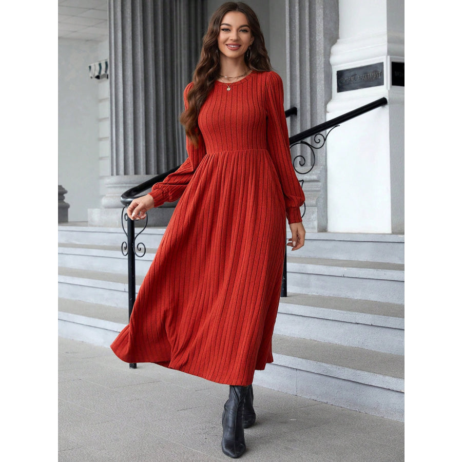 Ribbed Round Neck Long Sleeve Dress Apparel and Accessories