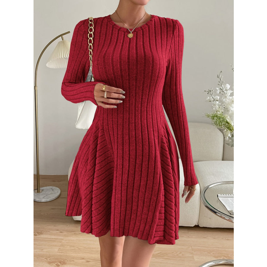 Ribbed Round Neck Long Sleeve Dress Apparel and Accessories