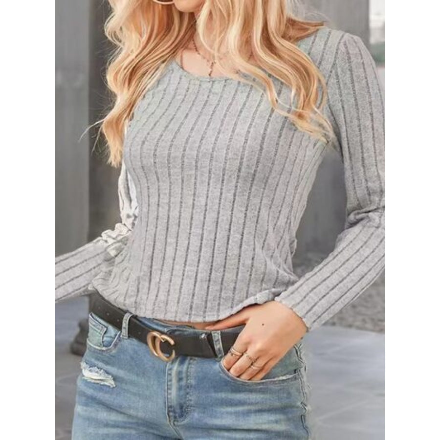 Ribbed Round Neck Long Sleeve Knit Top Apparel and Accessories