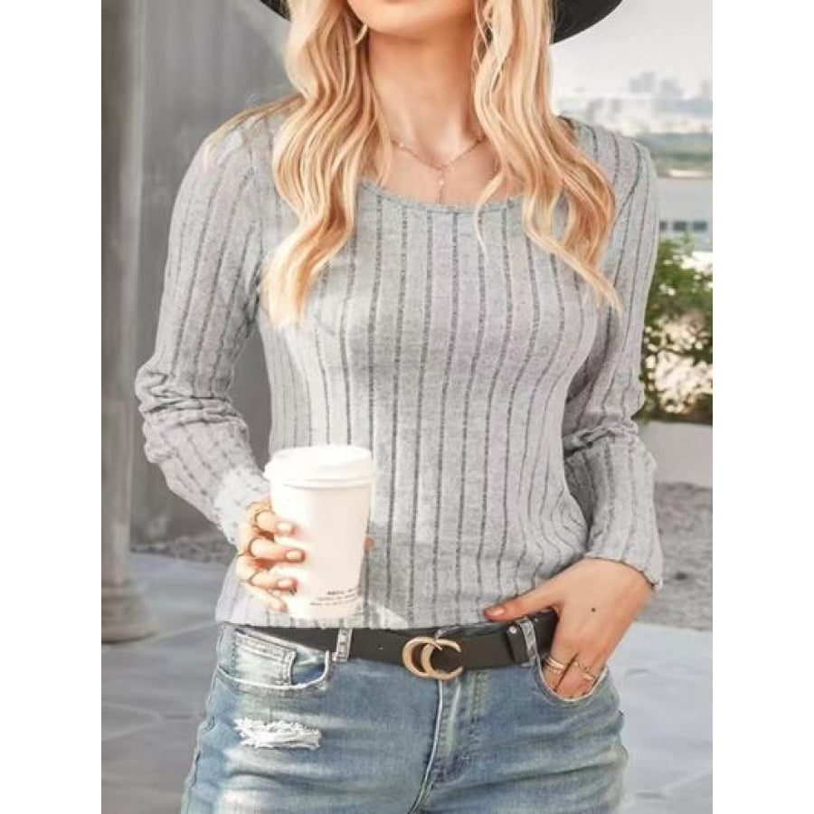 Ribbed Round Neck Long Sleeve Knit Top Apparel and Accessories