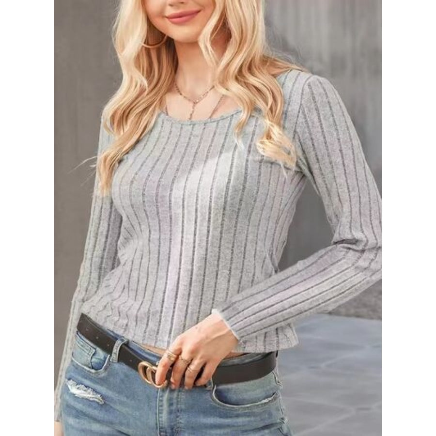 Ribbed Round Neck Long Sleeve Knit Top Apparel and Accessories