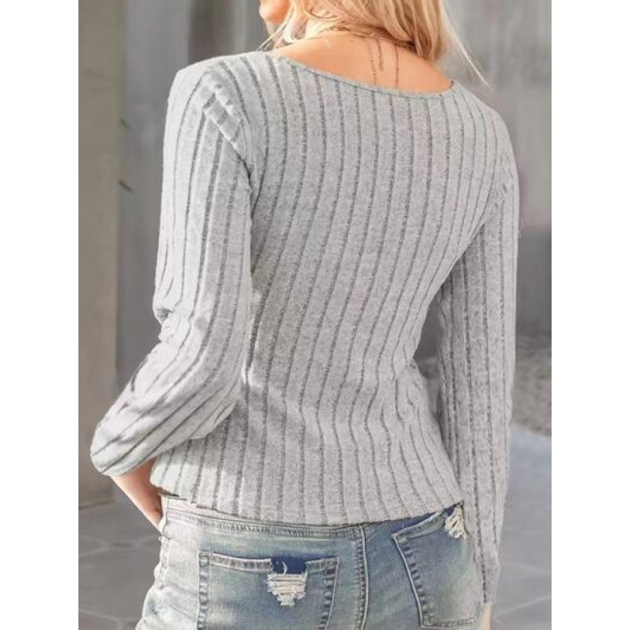 Ribbed Round Neck Long Sleeve Knit Top Apparel and Accessories