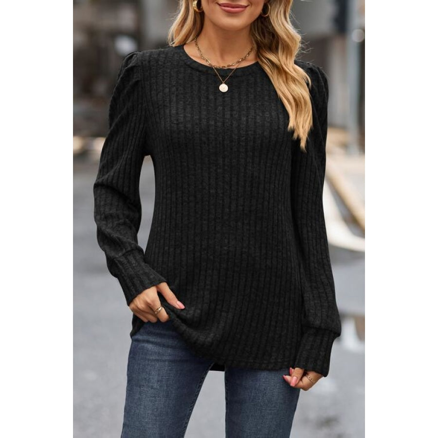 Ribbed Round Neck Long Sleeve Knit Top Black / S Clothing