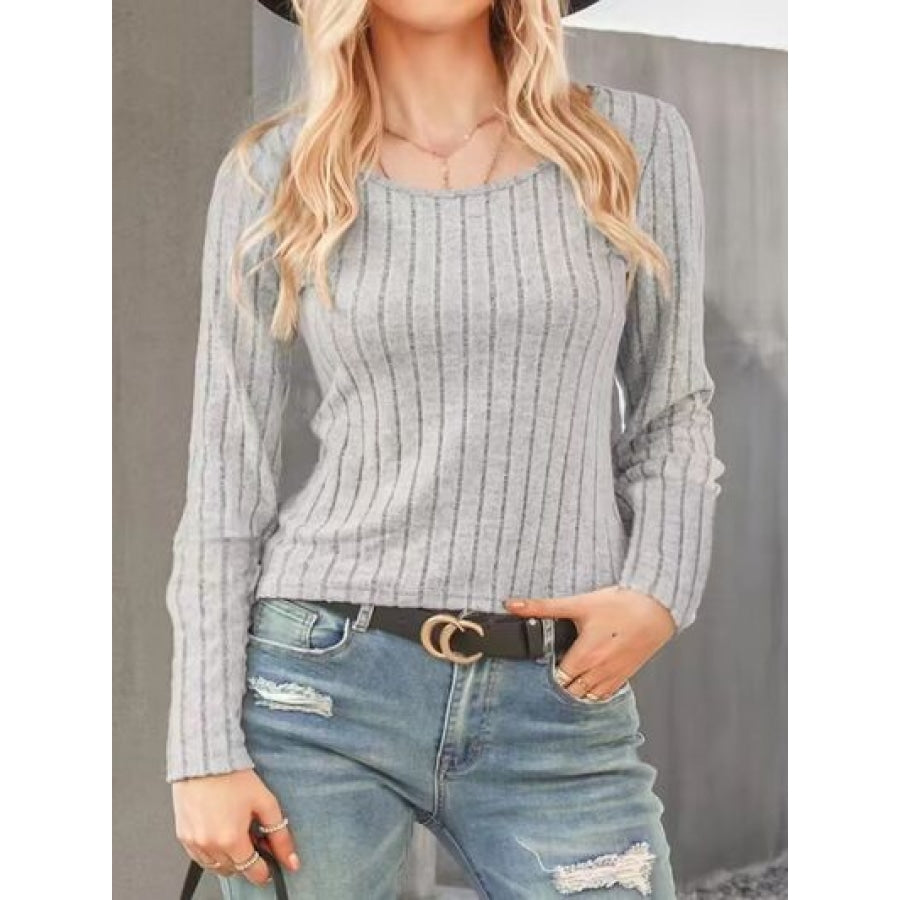 Ribbed Round Neck Long Sleeve Knit Top Charcoal / S Apparel and Accessories