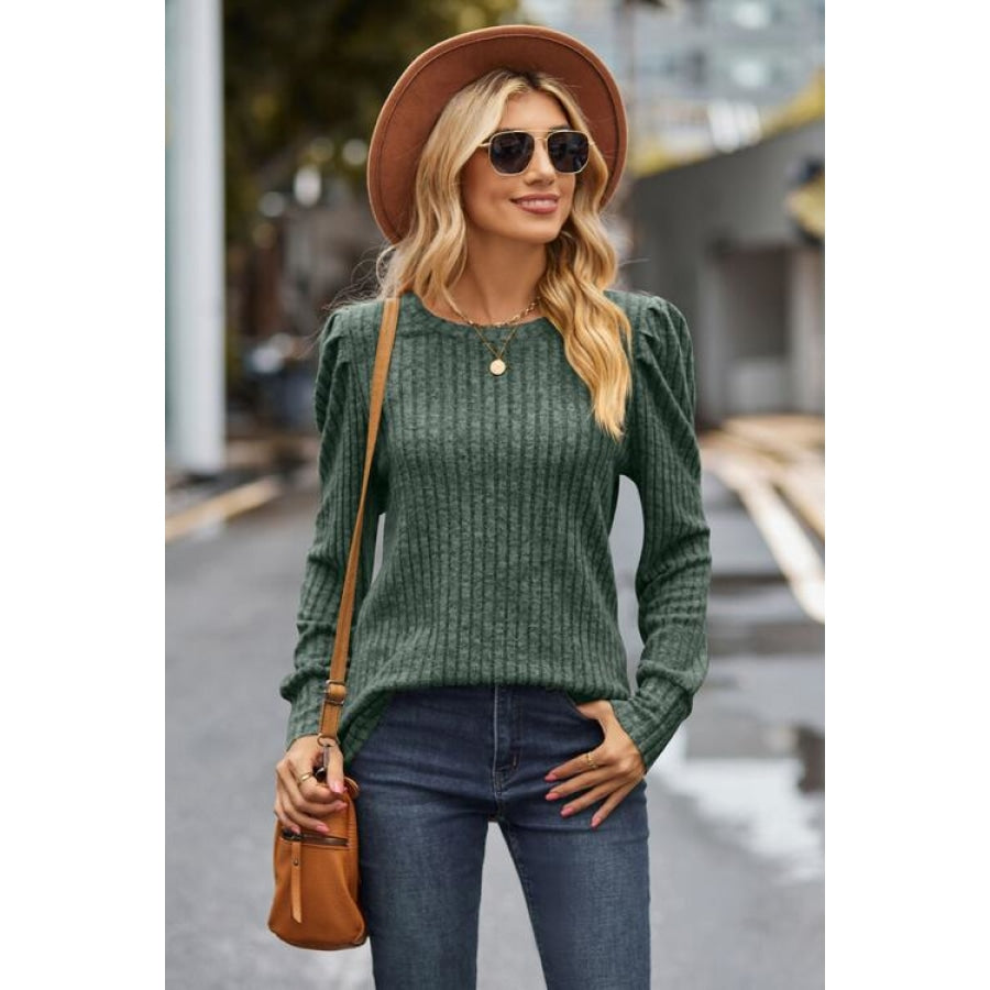 Ribbed Round Neck Long Sleeve Knit Top Clothing