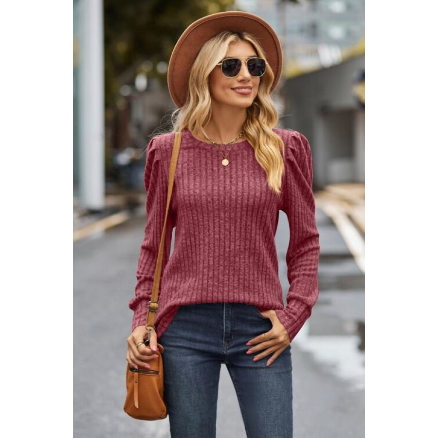 Ribbed Round Neck Long Sleeve Knit Top Clothing