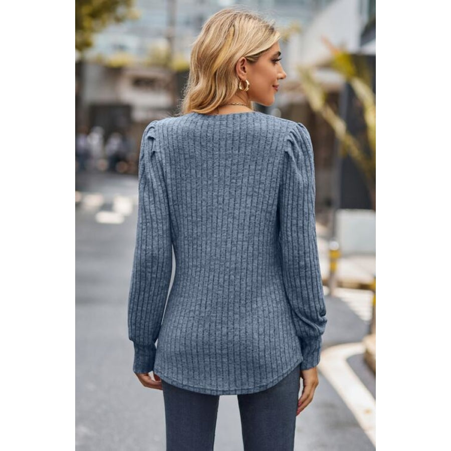 Ribbed Round Neck Long Sleeve Knit Top Clothing