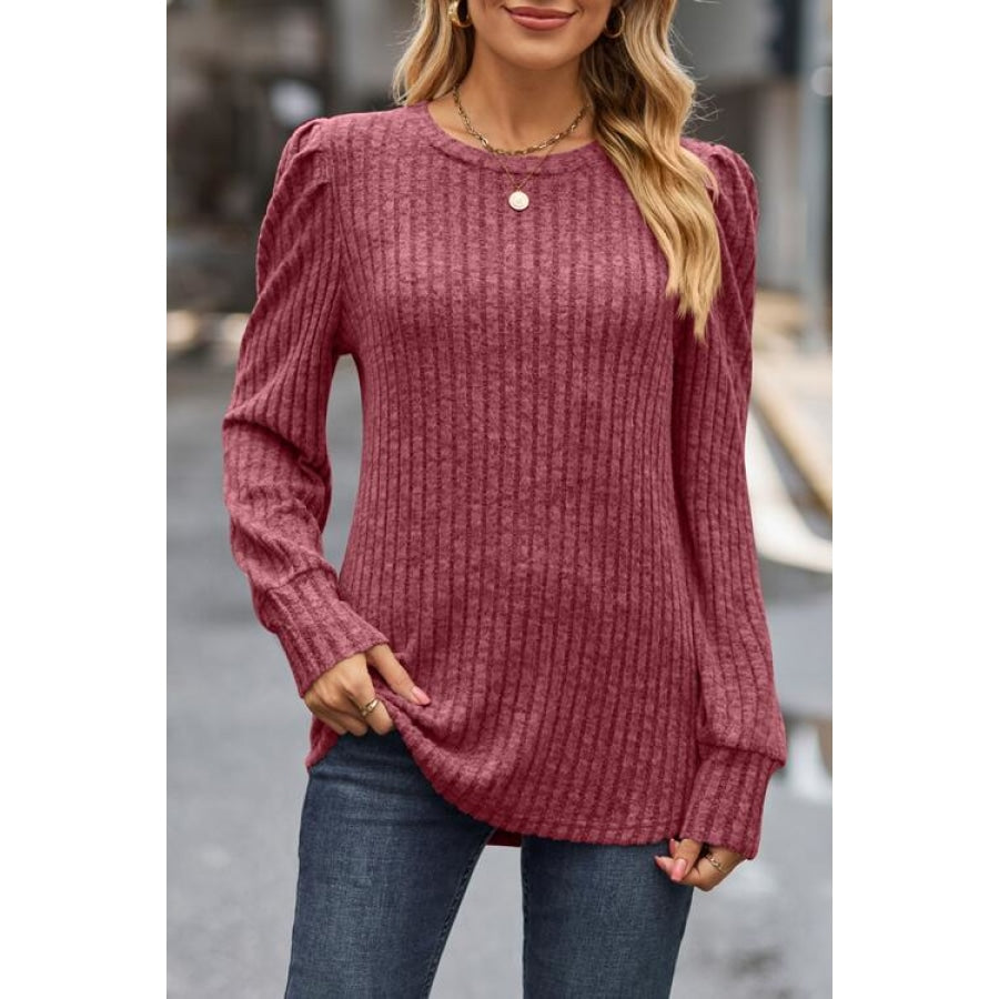 Ribbed Round Neck Long Sleeve Knit Top Deep Rose / S Clothing