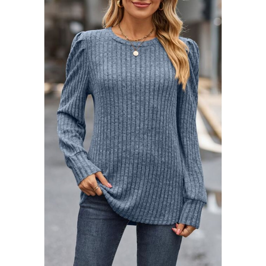 Ribbed Round Neck Long Sleeve Knit Top Dusty Blue / S Clothing