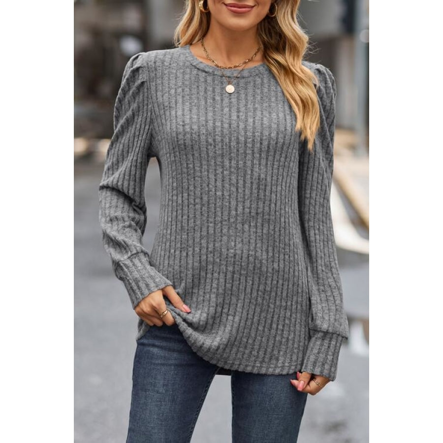 Ribbed Round Neck Long Sleeve Knit Top Heather Gray / S Clothing