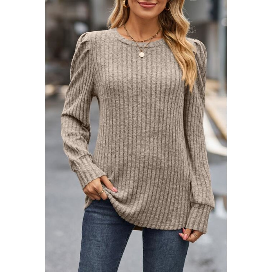 Ribbed Round Neck Long Sleeve Knit Top Mocha / S Clothing