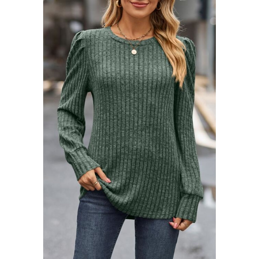 Ribbed Round Neck Long Sleeve Knit Top Moss / S Clothing