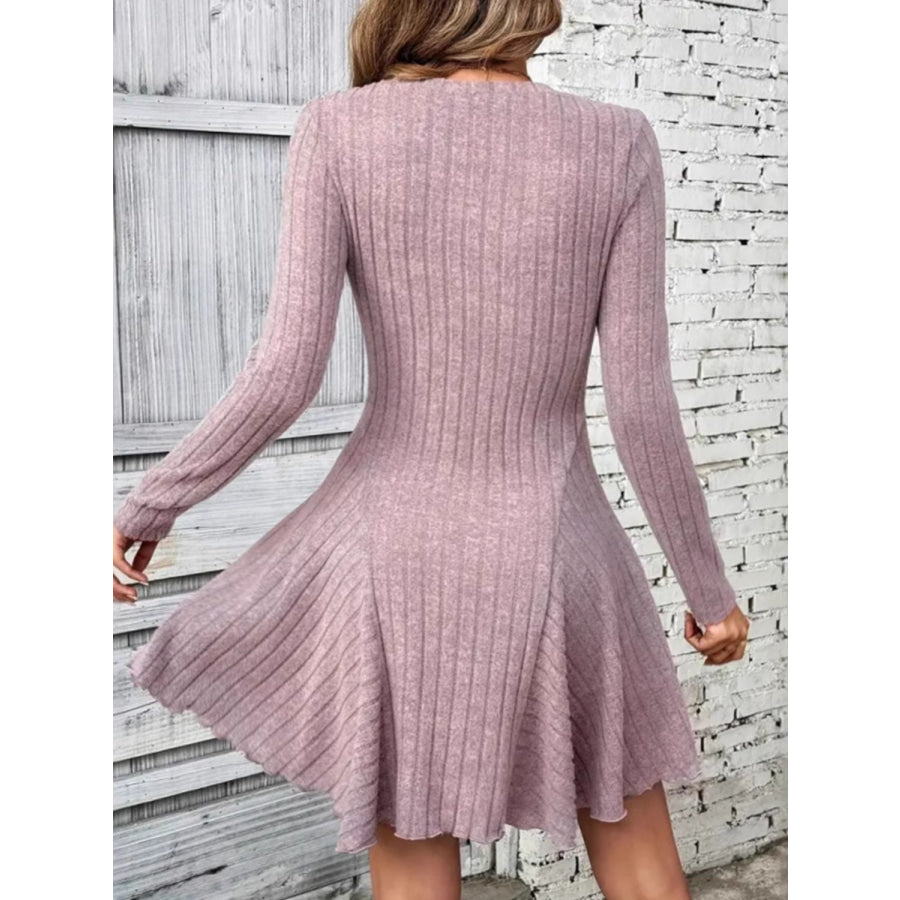 Ribbed Round Neck Long Sleeve Mini Dress Apparel and Accessories