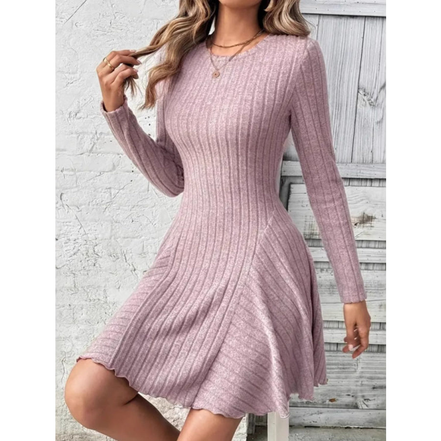 Ribbed Round Neck Long Sleeve Mini Dress Apparel and Accessories