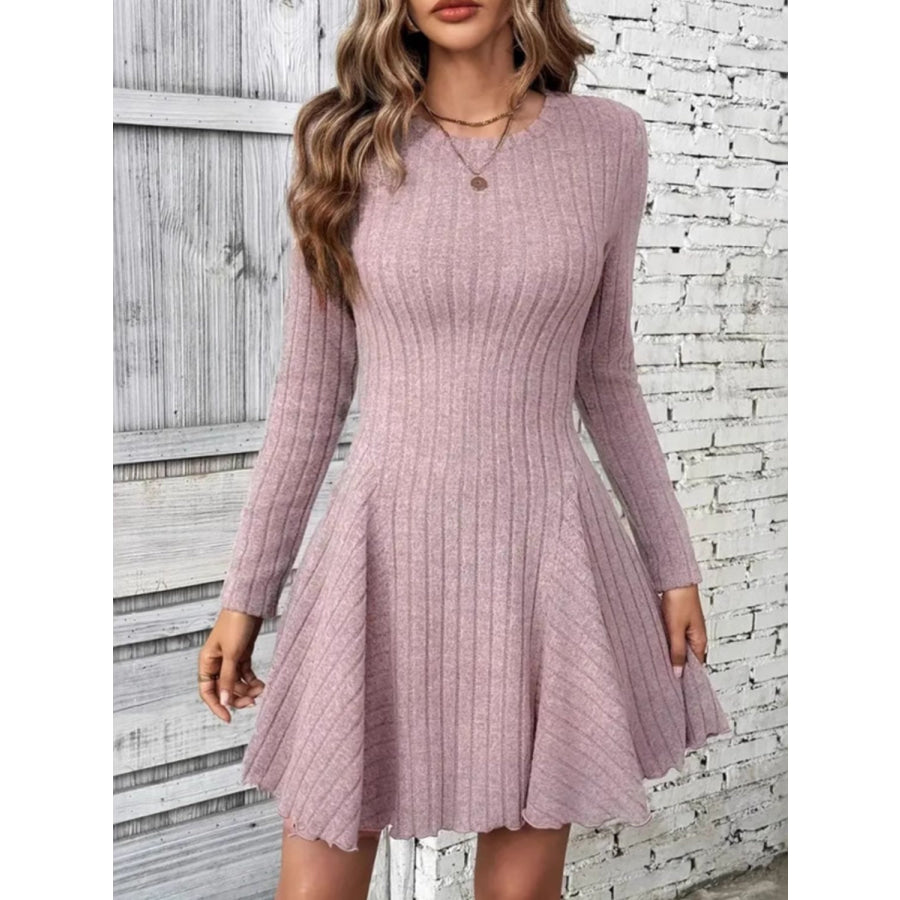 Ribbed Round Neck Long Sleeve Mini Dress Apparel and Accessories