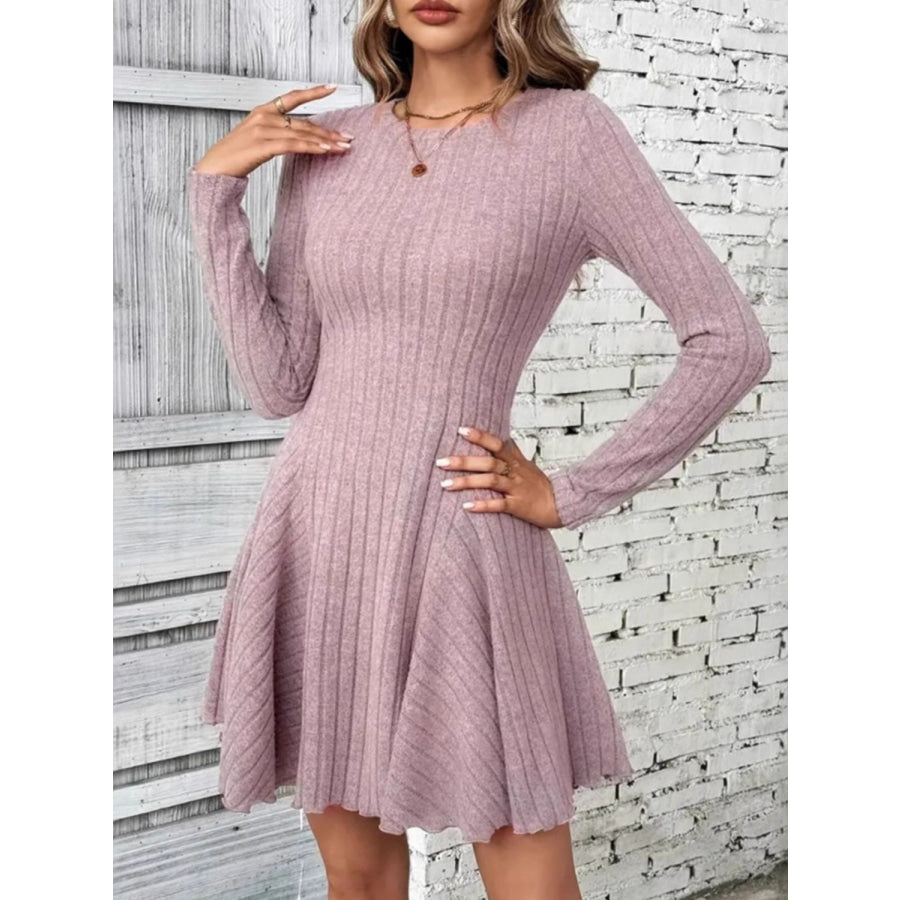 Ribbed Round Neck Long Sleeve Mini Dress Apparel and Accessories