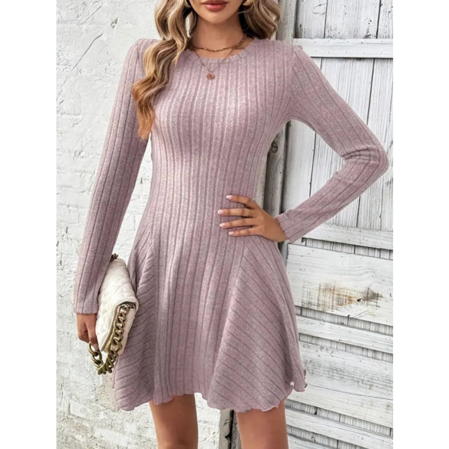 Ribbed Round Neck Long Sleeve Mini Dress Dusty Pink / S Apparel and Accessories