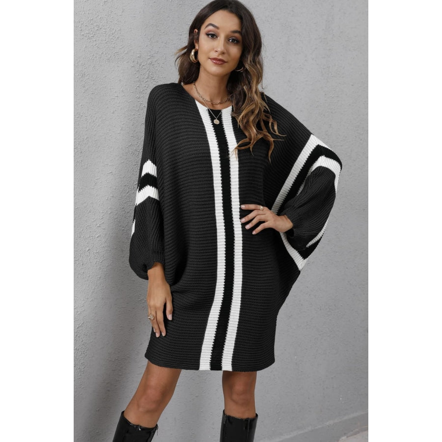 Ribbed Round Neck Long Sleeve Sweater Dress Black / S