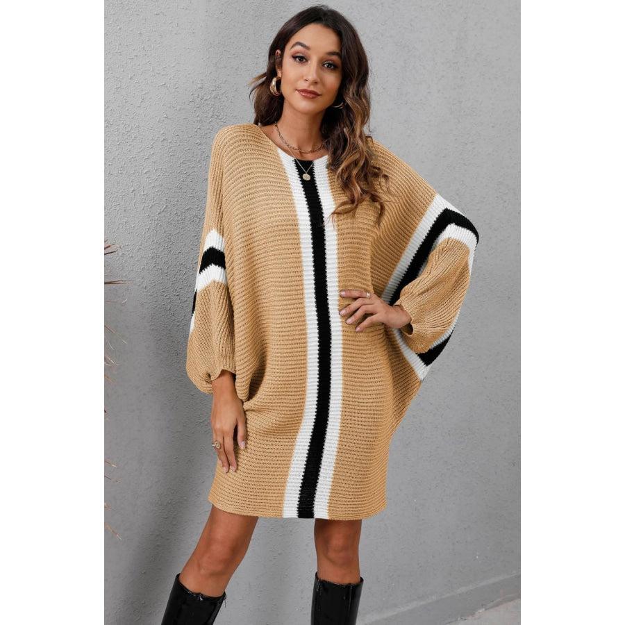 Ribbed Round Neck Long Sleeve Sweater Dress Tan / S