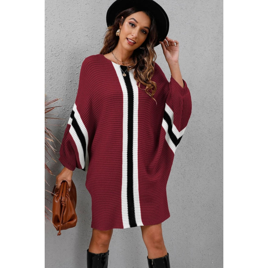 Ribbed Round Neck Long Sleeve Sweater Dress