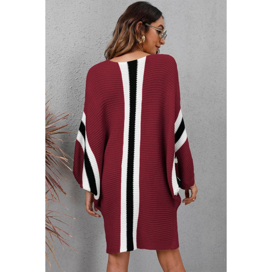 Ribbed Round Neck Long Sleeve Sweater Dress