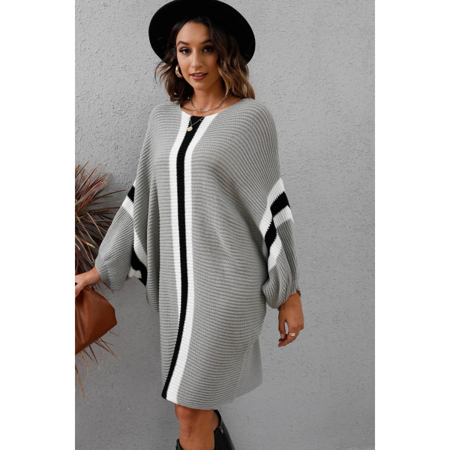 Ribbed Round Neck Long Sleeve Sweater Dress