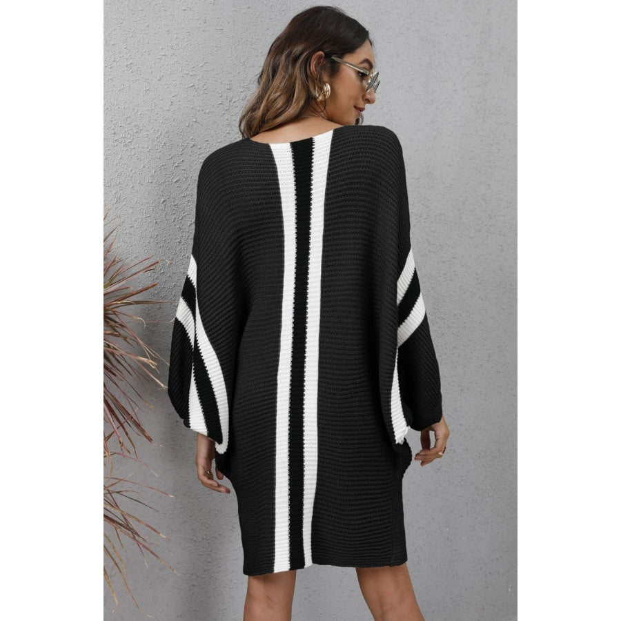 Ribbed Round Neck Long Sleeve Sweater Dress