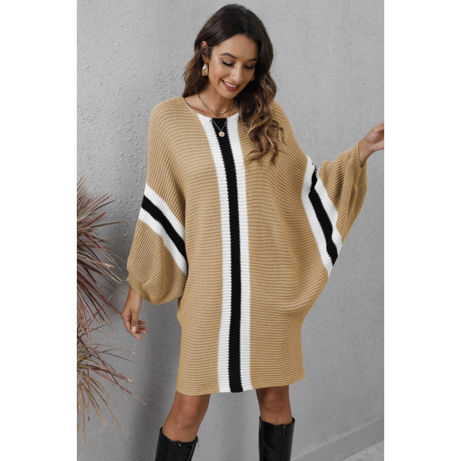 Ribbed Round Neck Long Sleeve Sweater Dress