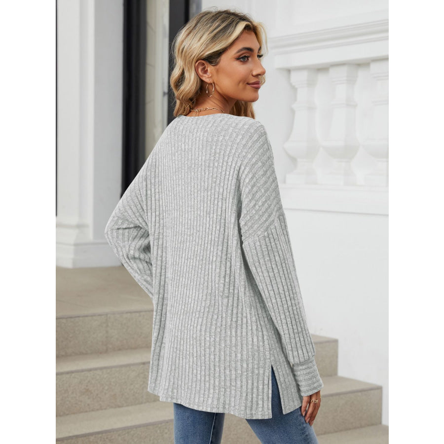 Ribbed Round Neck Long Sleeve T-Shirt Apparel and Accessories