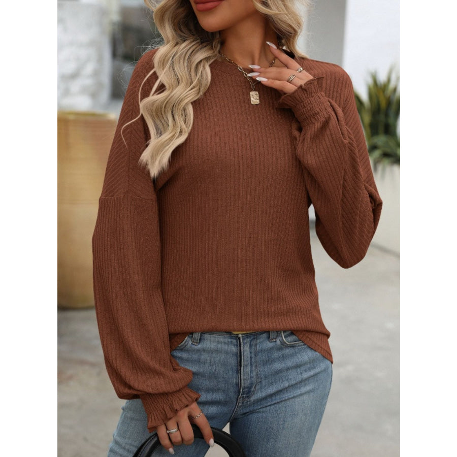 Ribbed Round Neck Long Sleeve T-Shirt Apparel and Accessories