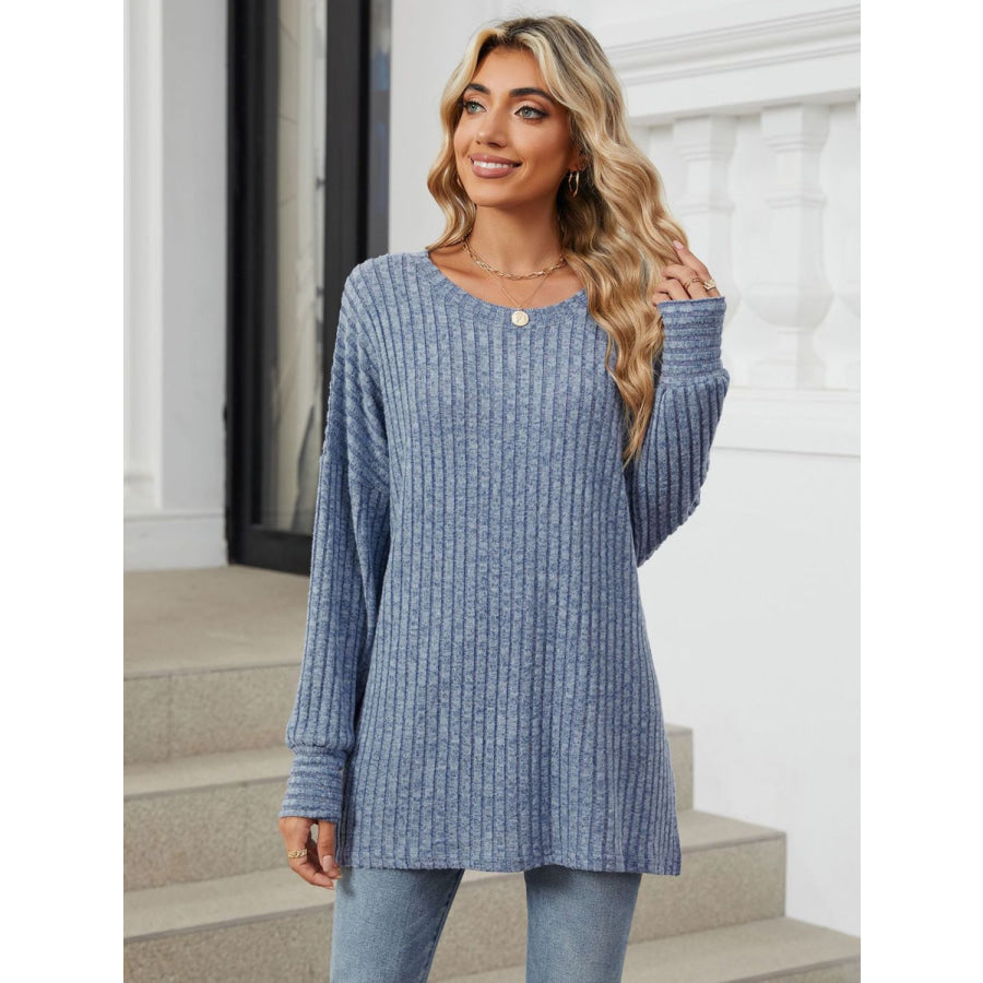 Ribbed Round Neck Long Sleeve T-Shirt Apparel and Accessories