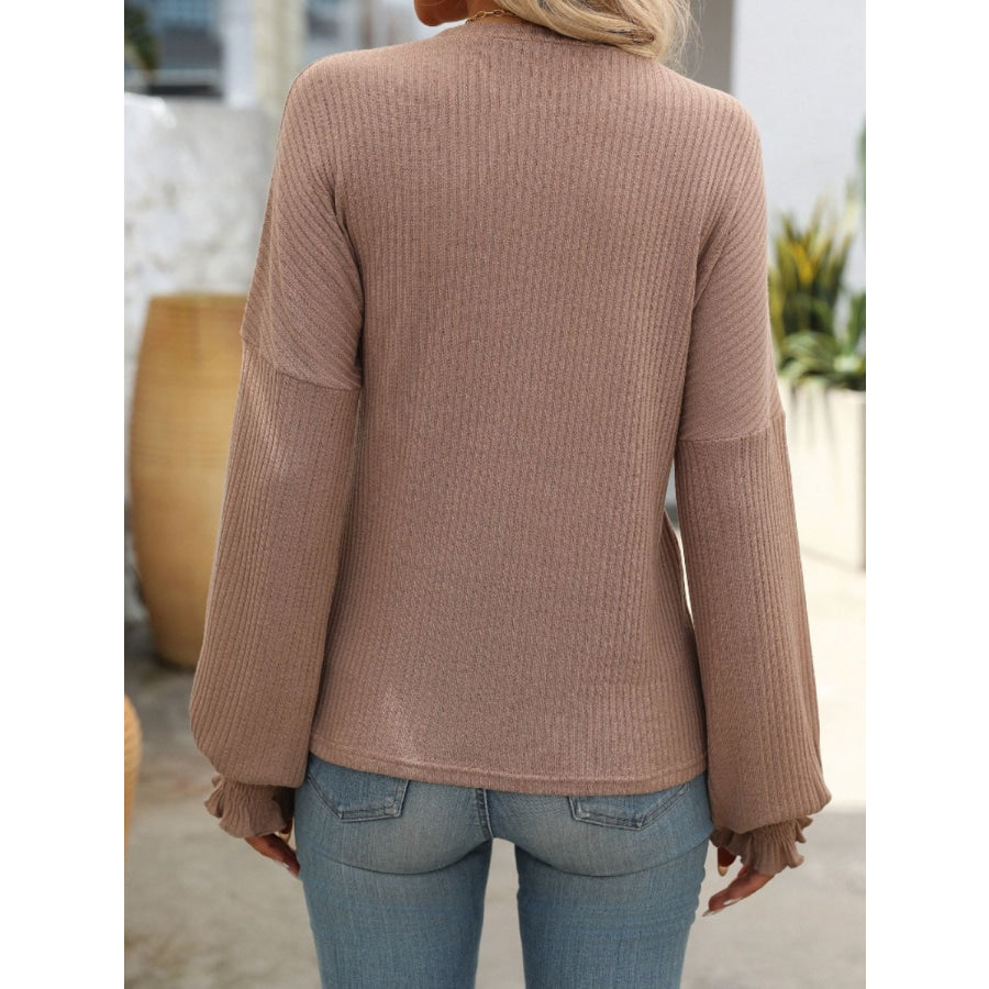 Ribbed Round Neck Long Sleeve T-Shirt Khaki / S Apparel and Accessories