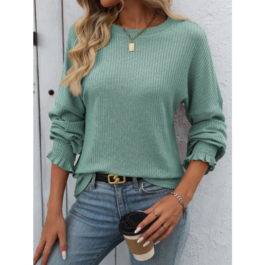 Ribbed Round Neck Long Sleeve T-Shirt Apparel and Accessories
