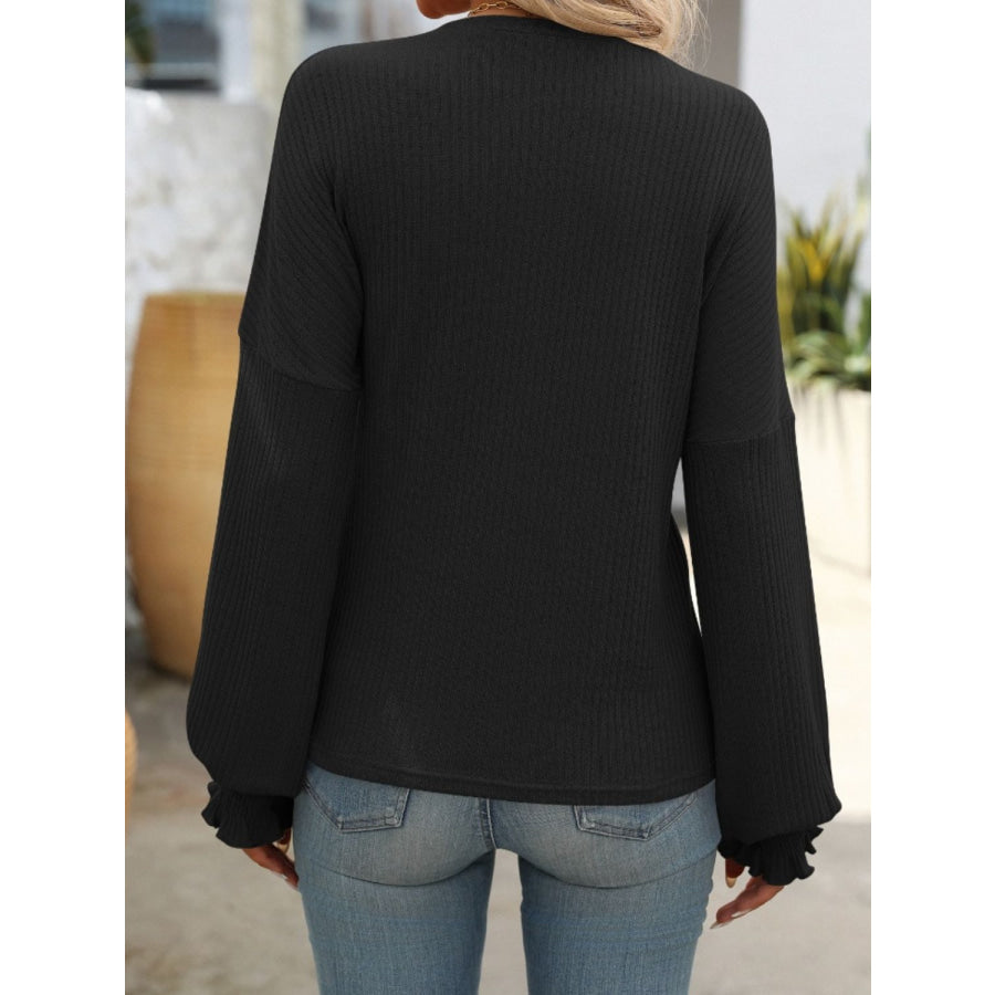 Ribbed Round Neck Long Sleeve T-Shirt Apparel and Accessories