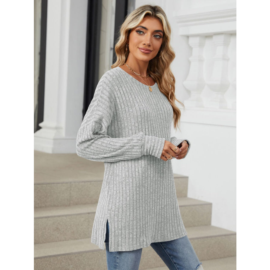 Ribbed Round Neck Long Sleeve T-Shirt Apparel and Accessories