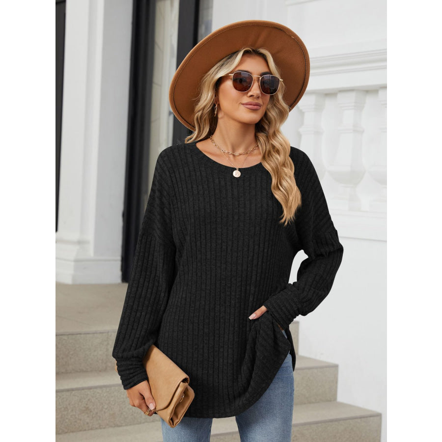 Ribbed Round Neck Long Sleeve T-Shirt Apparel and Accessories