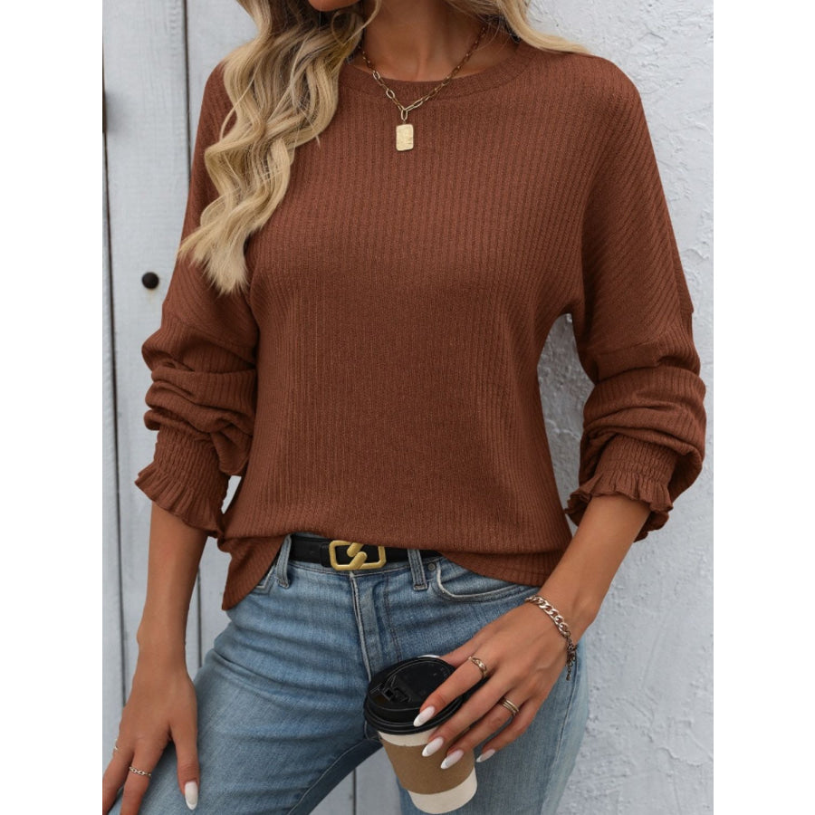 Ribbed Round Neck Long Sleeve T-Shirt Apparel and Accessories
