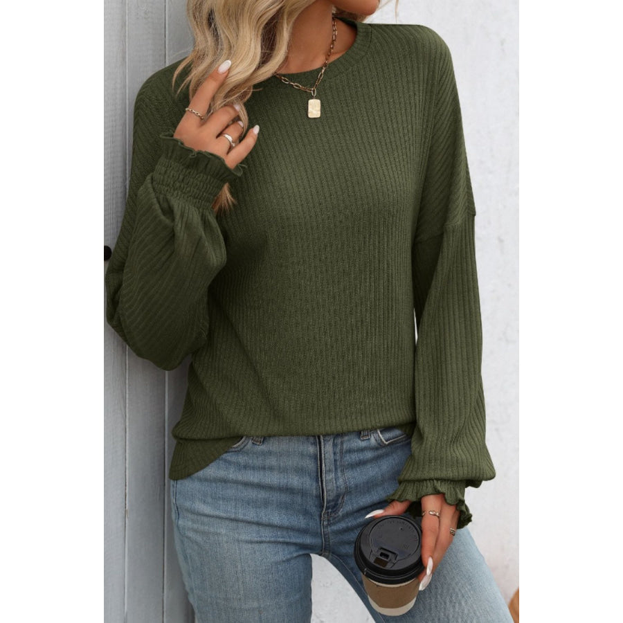 Ribbed Round Neck Long Sleeve T-Shirt Apparel and Accessories